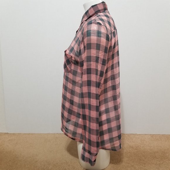 Faded Glory top Small 4/6 plaid sheer hi low chiffon button up down pocket check - Picture 2 of 16